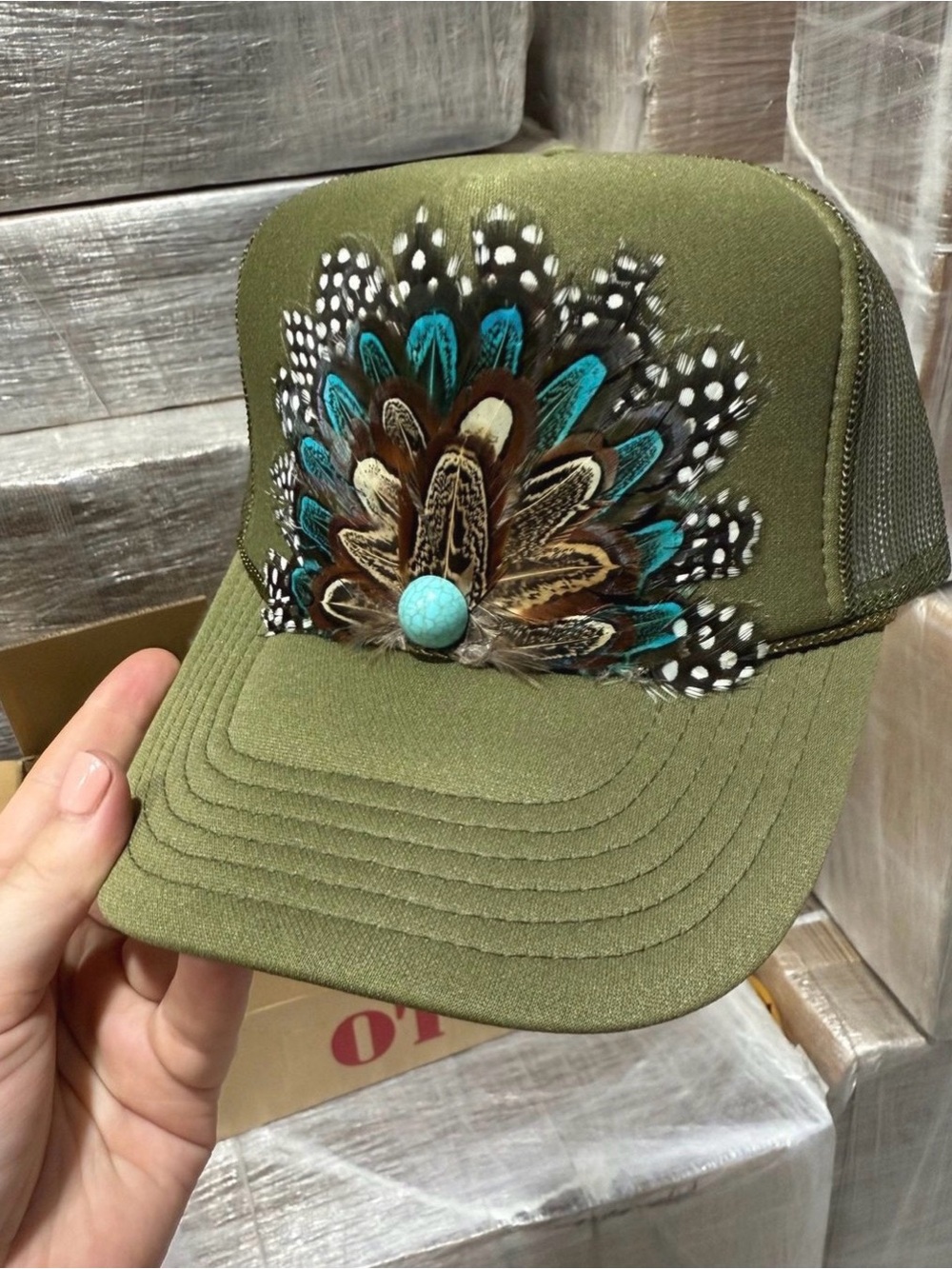 OTTO Olive Green Feather Accent Trucker Hat with Turquoise Button